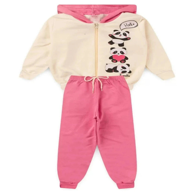 Conjunto Moletom Peluciado Infantil Feminino Pandas - Off-White