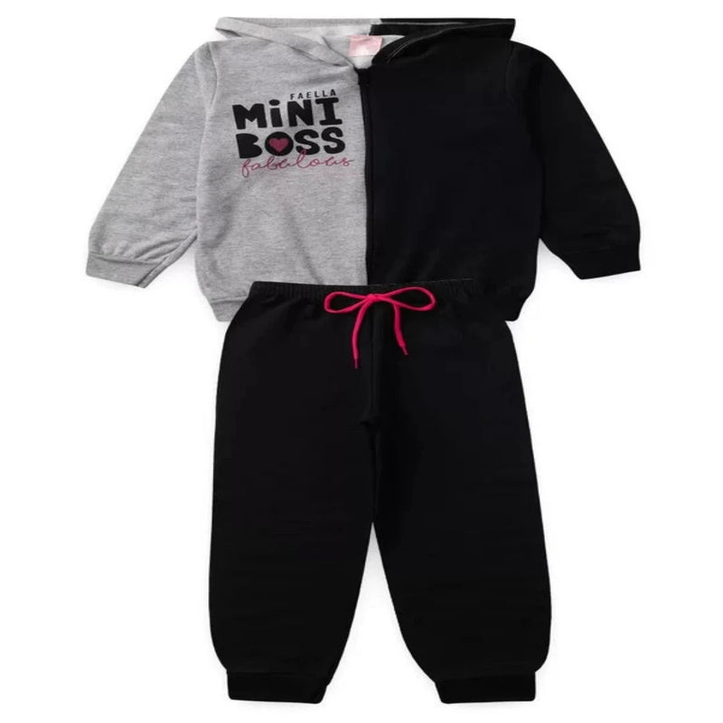 Conjunto Moletom Peluciado Infantil Feminino Mini Boss - Preto/Mescla