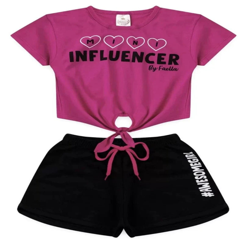 Conjunto Cropped Infantil Verão Feminino Mini Influencer - Pink