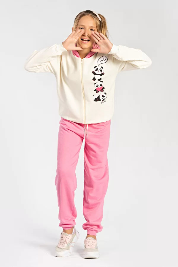 Conjunto Moletom Peluciado Infantil Feminino Pandas - Off-White