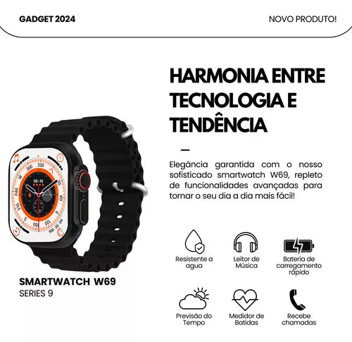 Smartwatch W69 Ultra Max Series 9 Amoled Nfc+pulseira Ocean Cor Preto Titânium